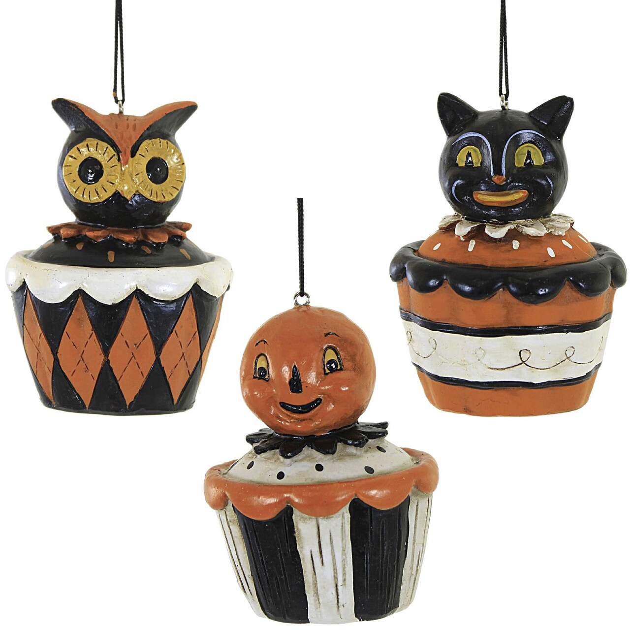 Transpac 3.25 In Halloween Cupcake Halloween Tree Ornament , Pumpkin Owl Black Cat